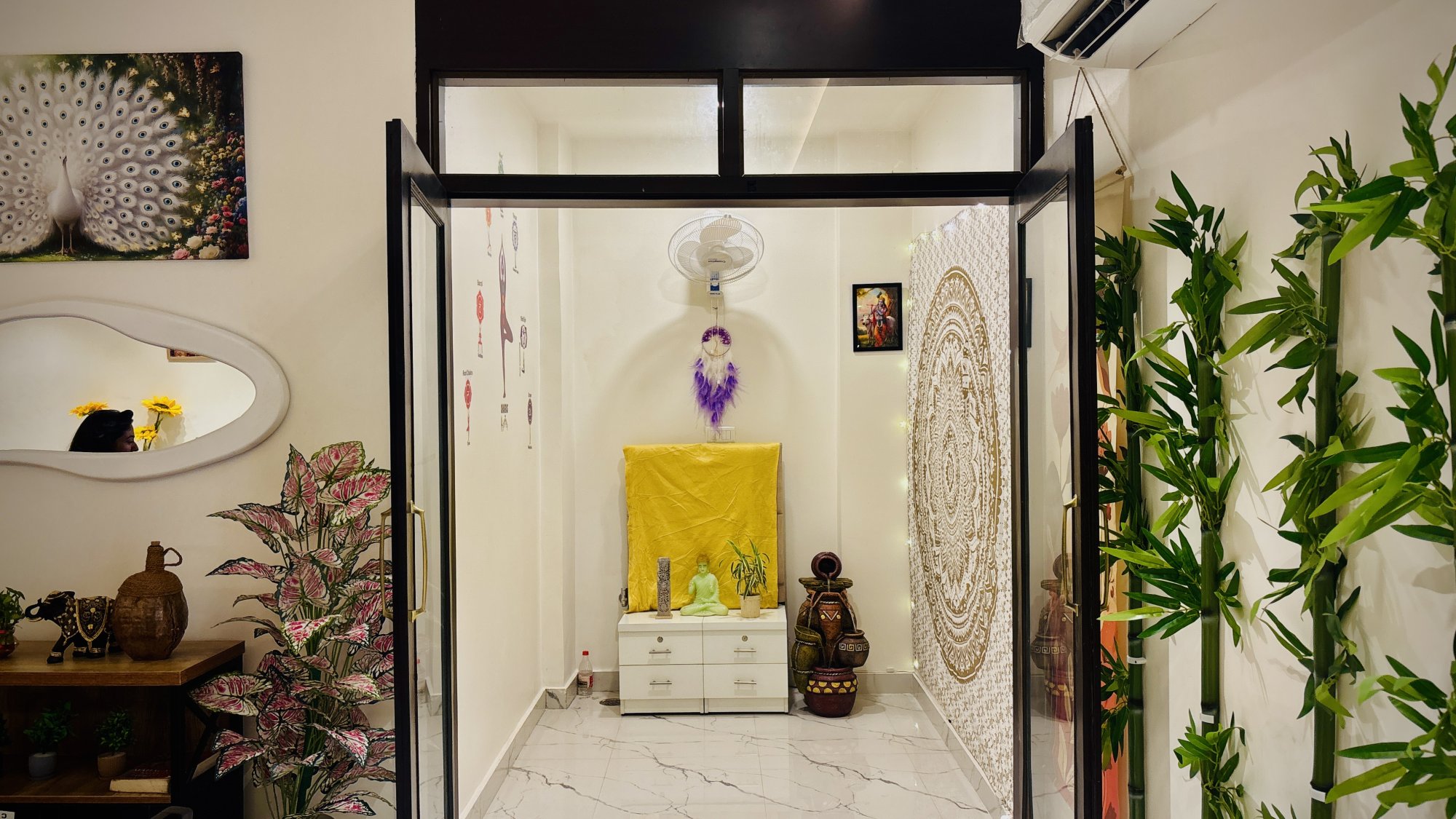 Private Prayer Room – Dedicated Glass-Enclosed Puja Space